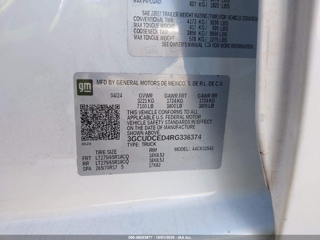 Aukcja sprzedaży 2024 Chevrolet Silverado 1500, vin: 3GCUDCED4RG336374, numer aukcji: 46253977