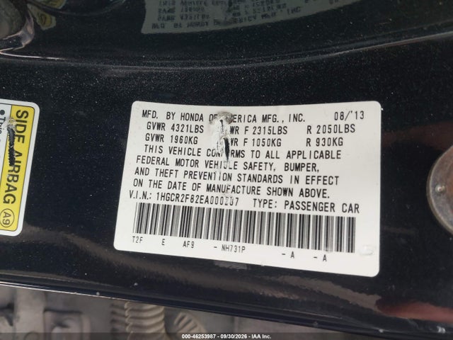 Aukcja sprzedaży 2014 Honda Accord Ex-l, vin: 1HGCR2F82EA000287, numer aukcji: 46253987