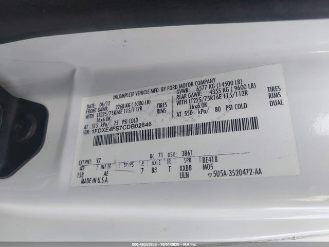2012 Ford E-450 Cutaway მანქანა იყიდება აუქციონზე, vin: 1FDXE4FS7CDB02646, აუქციონის ნომერი: 46253988