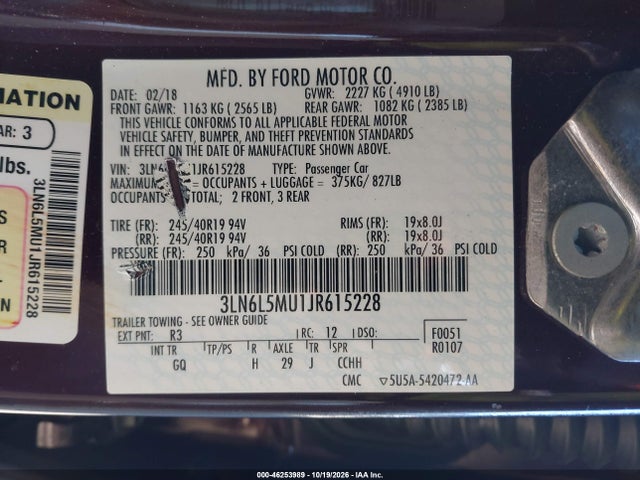 Продаж на аукціоні авто 2018 Lincoln Mkz Hybrid Reserve, vin: 3LN6L5MU1JR615228, номер лоту: 46253989
