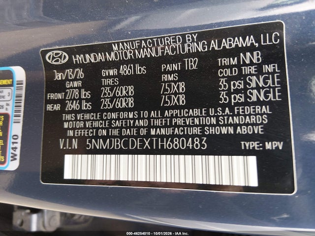 Продаж на аукціоні авто 2026 Hyundai Tucson Sel, vin: 5NMJBCDEXTH680483, номер лоту: 46254010
