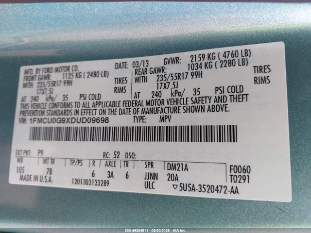 46254011 :رقم المزاد ، 1FMCU0G9XDUD09698 vin ، 2013 Ford Escape Se مزاد بيع