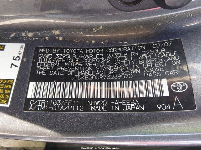 Aukcja sprzedaży 2007 Toyota Prius, vin: JTDKB20U973238570, numer aukcji: 46254013