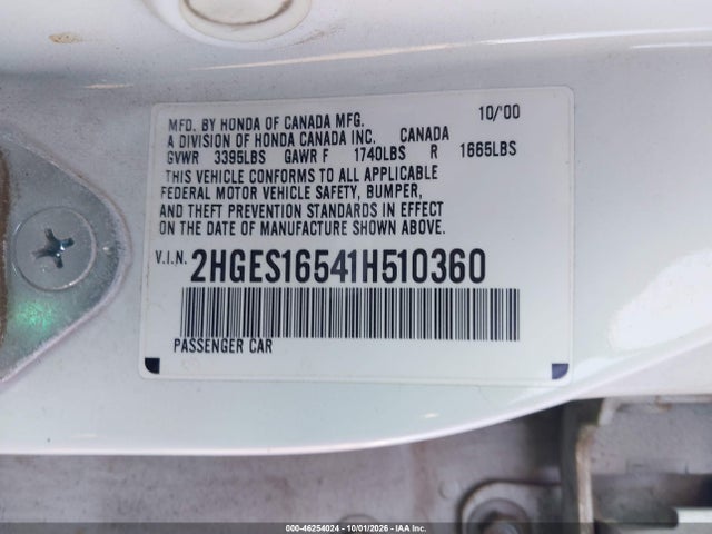 Продажа на аукционе авто 2001 Honda Civic Lx, vin: 2HGES16541H510360, номер лота: 46254024