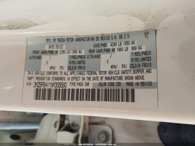 2022 Mazda Mazda3 2.5 Turbo მანქანა იყიდება აუქციონზე, vin: 3MZBPBAY1NM306680, აუქციონის ნომერი: 46254039