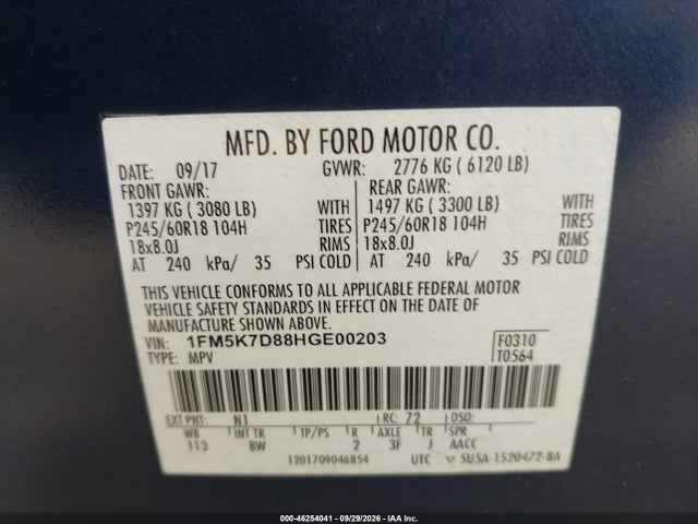 46254041 :رقم المزاد ، 1FM5K7D88HGE00203 vin ، 2017 Ford Explorer Xlt مزاد بيع