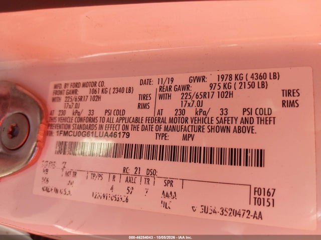 Ford ESCAPE SE 2020 1FMCU0G61LUA46179 Image 9