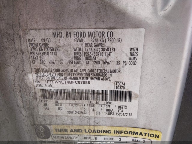 Продаж на аукціоні авто 2011 Ford F-150 Xlt, vin: 1FTFW1ET4BFC87988, номер лоту: 46254052
