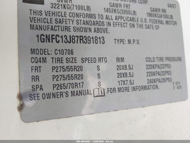 46254067 :رقم المزاد ، 1GNFC13J87R391813 vin ، 2007 Chevrolet Tahoe Lt مزاد بيع