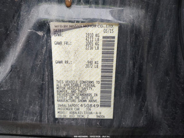 Aukcja sprzedaży 2015 Nissan Altima 2.5 Sl, vin: 1N4AL3AP0FC450849, numer aukcji: 46254086
