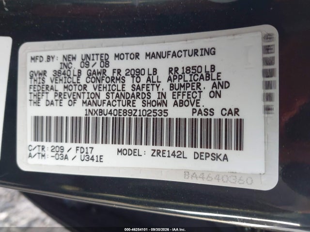 Продажа на аукционе авто 2009 Toyota Corolla S, vin: 1NXBU40E89Z102535, номер лота: 46254101