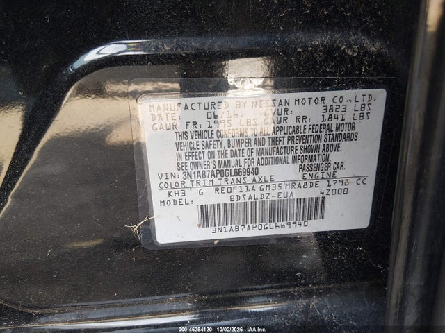 Продаж на аукціоні авто 2016 Nissan Sentra Sv, vin: 3N1AB7AP0GL669940, номер лоту: 46254120