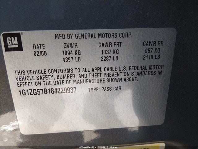 46254172 :رقم المزاد ، 1G1ZG57B184229937 vin ، 2008 Chevrolet Malibu Ls مزاد بيع