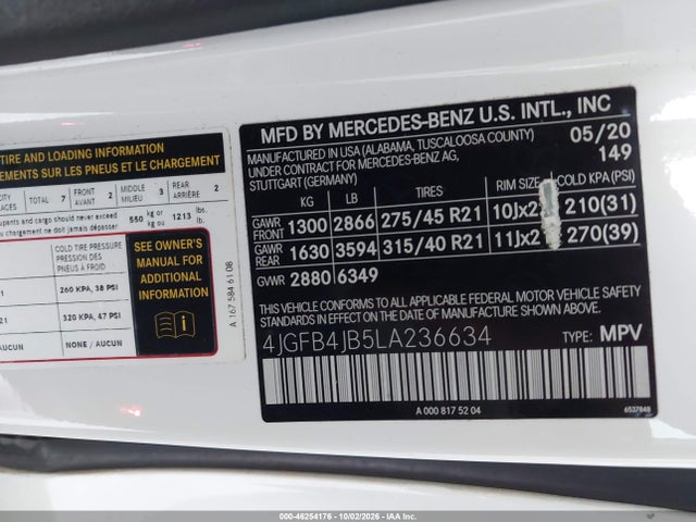 2020 Mercedes-benz Gle 350 მანქანა იყიდება აუქციონზე, vin: 4JGFB4JB5LA236634, აუქციონის ნომერი: 46254176