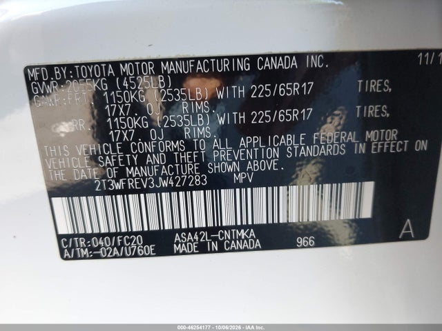 Aukcja sprzedaży 2018 Toyota Rav4 Xle, vin: 2T3WFREV3JW427283, numer aukcji: 46254177