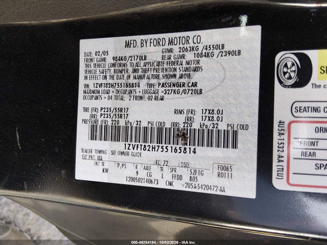 Продажа на аукционе авто 2005 Ford Mustang Gt Deluxe/gt Premium, vin: 1ZVFT82H755165814, номер лота: 46254184
