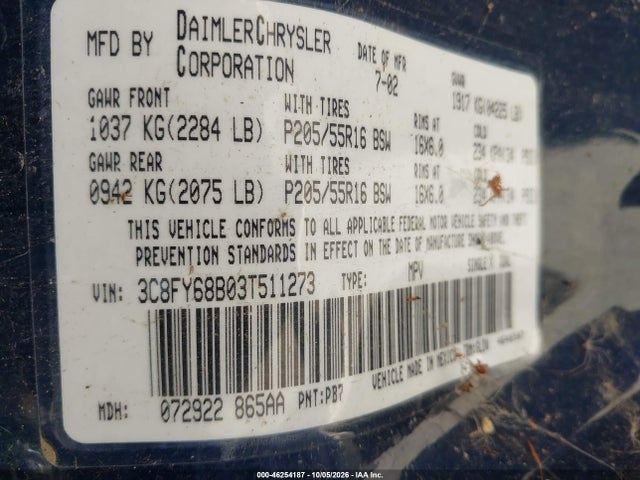Продажа на аукционе авто 2003 Chrysler Pt Cruiser Limited, vin: 3C8FY68B03T511273, номер лота: 46254187
