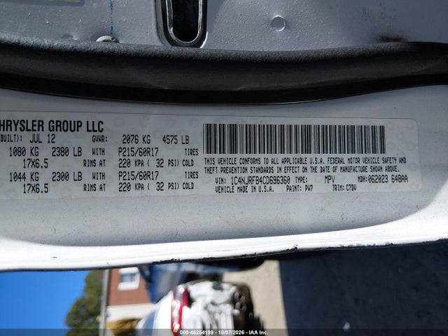 2012 Jeep Patriot Latitude მანქანა იყიდება აუქციონზე, vin: 1C4NJRFB4CD696360, აუქციონის ნომერი: 46254199