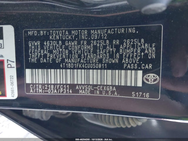 Продажа на аукционе авто 2012 Toyota Camry Hybrid Xle, vin: 4T1BD1FK4CU050811, номер лота: 46254205