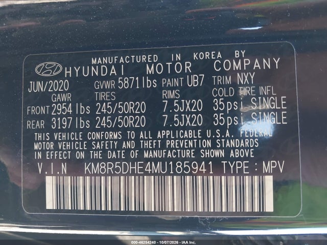 46254240 :رقم المزاد ، KM8R5DHE4MU185941 vin ، 2021 Hyundai Palisade Limited مزاد بيع