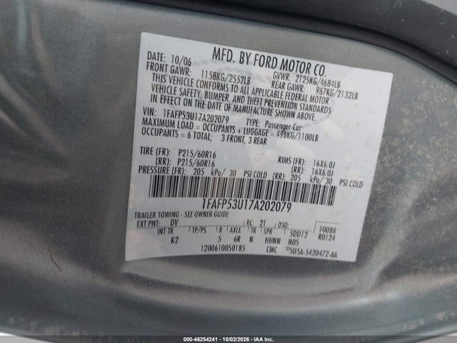 Продаж на аукціоні авто 2007 Ford Taurus Se, vin: 1FAFP53U17A202079, номер лоту: 46254241