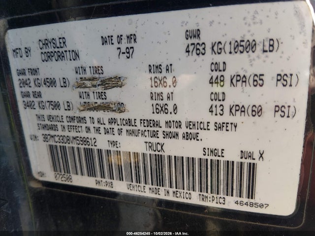 46254245 :رقم المزاد ، 3B7MC33D8VM598612 vin ، 1997 Dodge Ram 3500 St مزاد بيع