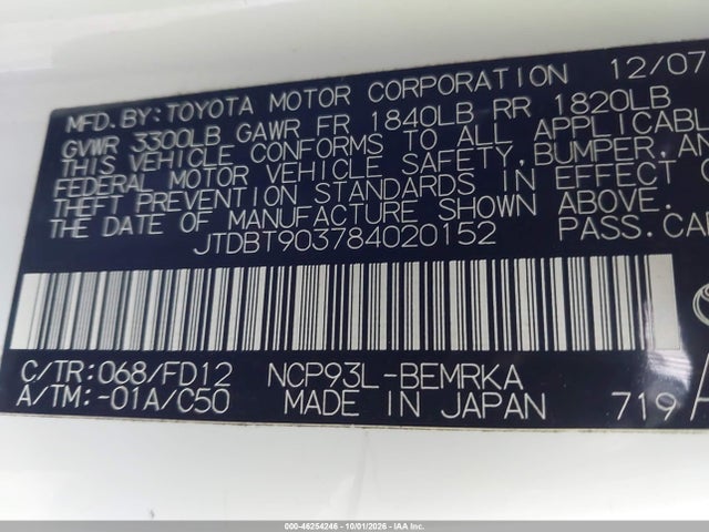 Aukcja sprzedaży 2008 Toyota Yaris, vin: JTDBT903784020152, numer aukcji: 46254246