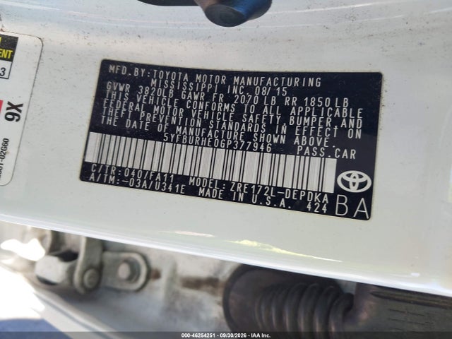Продажа на аукционе авто 2016 Toyota Corolla L, vin: 5YFBURHE0GP377946, номер лота: 46254251
