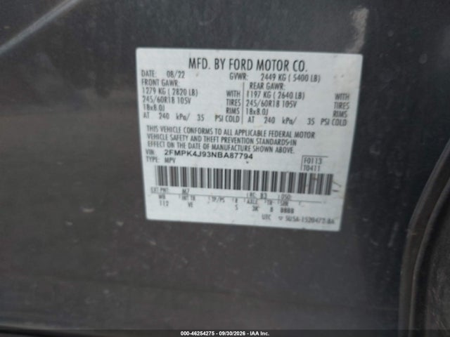 Продажа на аукционе авто 2022 Ford Edge Sel, vin: 2FMPK4J93NBA87794, номер лота: 46254275