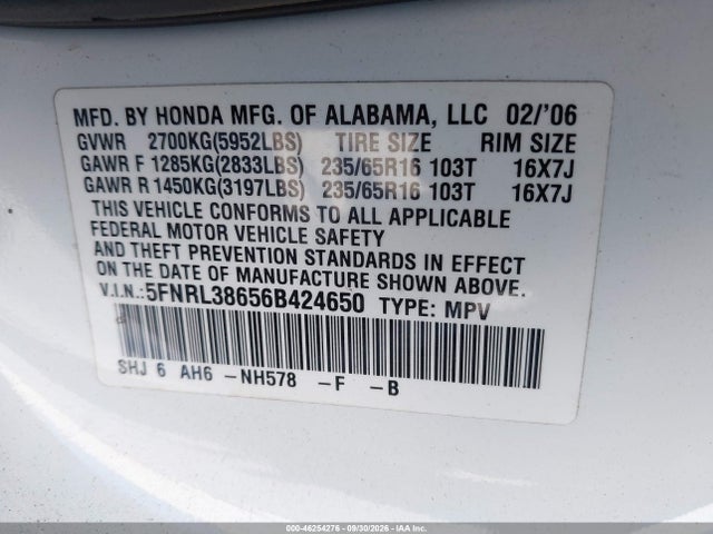 Продажа на аукционе авто 2006 Honda Odyssey Ex-l, vin: 5FNRL38656B424650, номер лота: 46254276