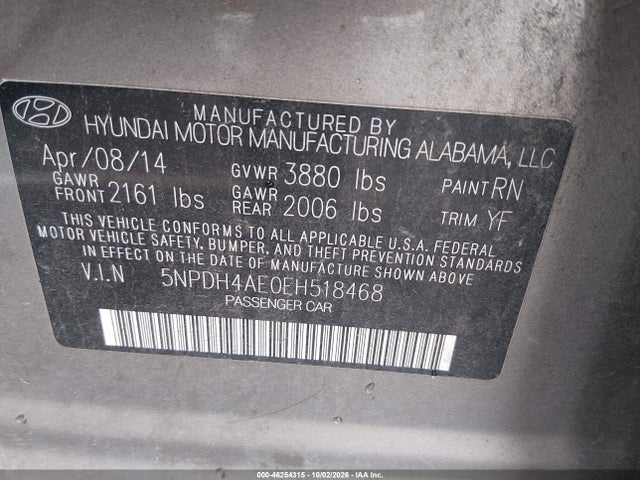 Продажа на аукционе авто 2014 Hyundai Elantra Se, vin: 5NPDH4AE0EH518468, номер лота: 46254315