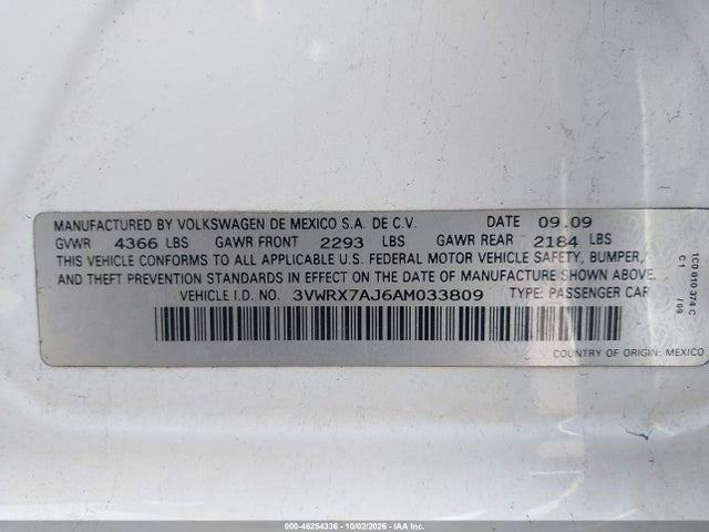 2010 Volkswagen Jetta Se მანქანა იყიდება აუქციონზე, vin: 3VWRX7AJ6AM033809, აუქციონის ნომერი: 46254336