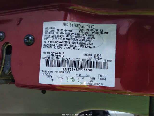 46254372 :رقم المزاد ، 1FAFP34N95W178786 vin ، 2005 Ford Focus Zx4 مزاد بيع