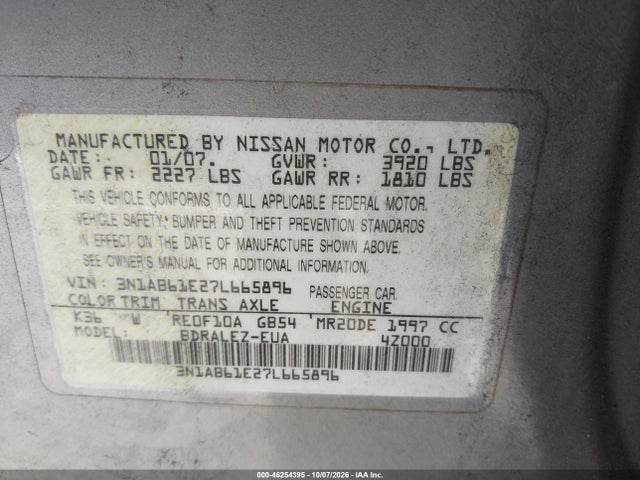 46254395 :رقم المزاد ، 3N1AB61E27L665896 vin ، 2007 Nissan Sentra 2.0s مزاد بيع