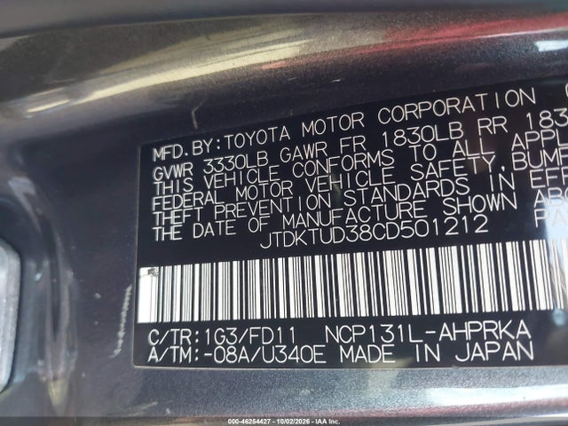46254427 :رقم المزاد ، JTDKTUD38CD501212 vin ، 2012 Toyota Yaris Se مزاد بيع