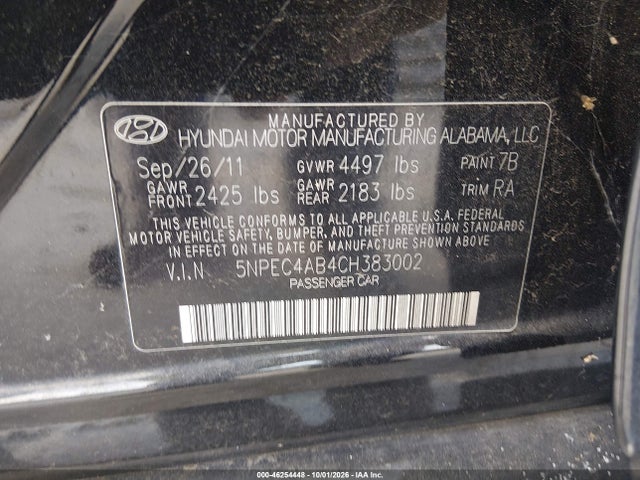 2012 Hyundai Sonata Limited 2.0t მანქანა იყიდება აუქციონზე, vin: 5NPEC4AB4CH383002, აუქციონის ნომერი: 46254448
