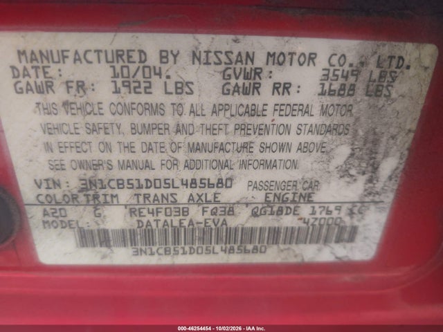 Продажа на аукционе авто 2005 Nissan Sentra 1.8s, vin: 3N1CB51D05L485680, номер лота: 46254454