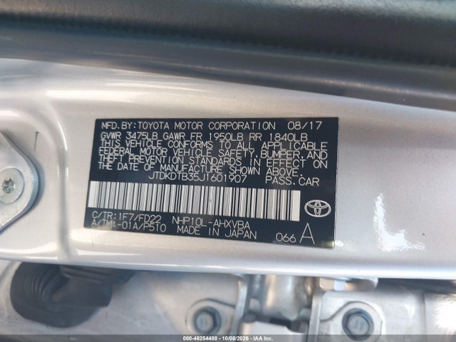 46254488 :رقم المزاد ، JTDKDTB35J1601907 vin ، 2018 Toyota Prius C One مزاد بيع