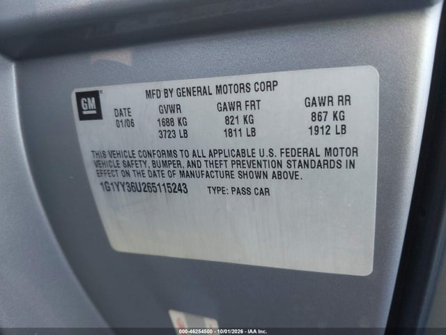 Продаж на аукціоні авто 2006 Chevrolet Corvette, vin: 1G1YY36U265115243, номер лоту: 46254500