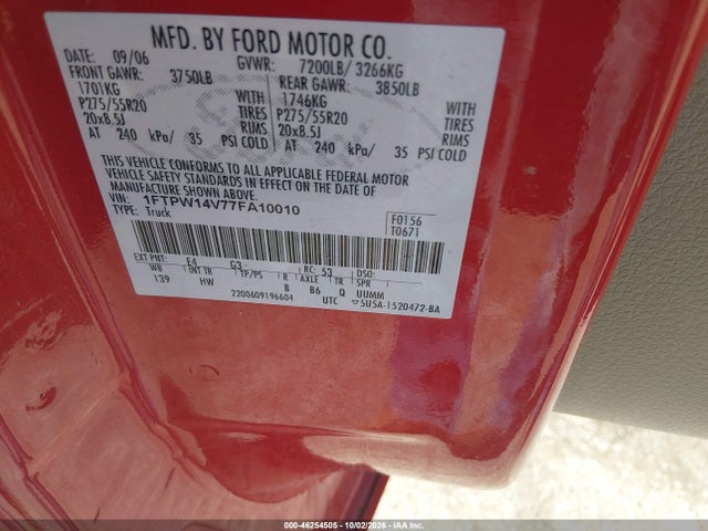 2007 Ford F-150 Fx4/lariat/xlt მანქანა იყიდება აუქციონზე, vin: 1FTPW14V77FA10010, აუქციონის ნომერი: 46254505