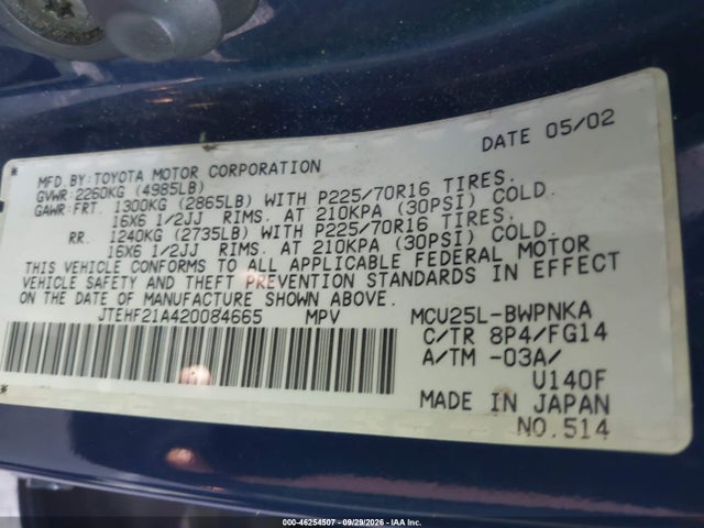 Продаж на аукціоні авто 2002 Toyota Highlander V6, vin: JTEHF21A420084665, номер лоту: 46254507
