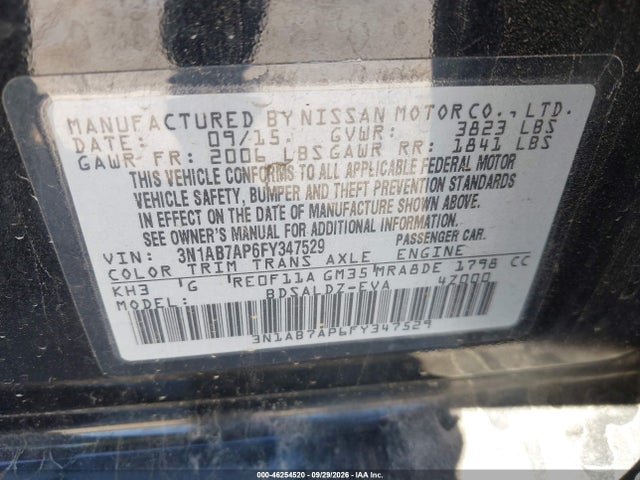 46254520 :رقم المزاد ، 3N1AB7AP6FY347529 vin ، 2015 Nissan Sentra Sv مزاد بيع