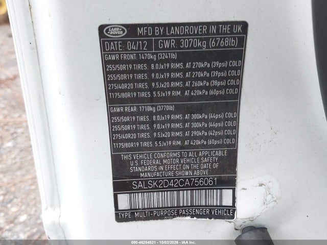 Продажа на аукционе авто 2012 Land Rover Range Rover Sport Hse, vin: SALSK2D42CA756061, номер лота: 46254521