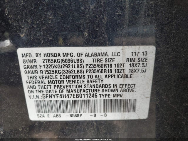 5FNYF4H47EB011246 Honda Pilot Ex