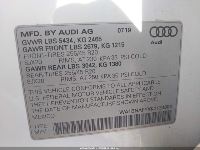 Продаж на аукціоні авто 2019 Audi Q5 45 Premium, vin: WA1BNAFYXK2134884, номер лоту: 46254561