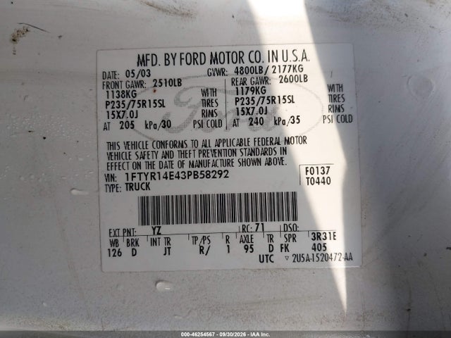 Продажа на аукционе авто 2003 Ford Ranger Edge, vin: 1FTYR14E43PB58292, номер лота: 46254567