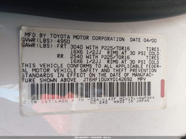 46254576 :رقم المزاد ، JT6HF10UXY0142692 vin ، 2000 Lexus Rx 300 مزاد بيع