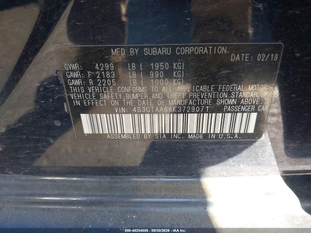 46254588 :رقم المزاد ، 4S3GTAA66K3729071 vin ، 2019 Subaru Impreza 2.0i مزاد بيع