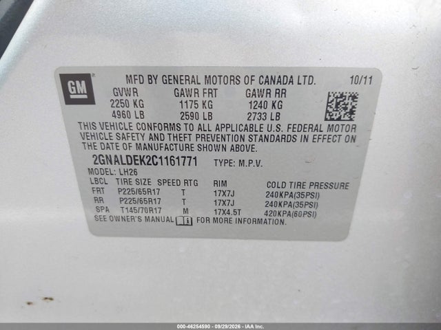 Продажа на аукционе авто 2012 Chevrolet Equinox 1lt, vin: 2GNALDEK2C1161771, номер лота: 46254590