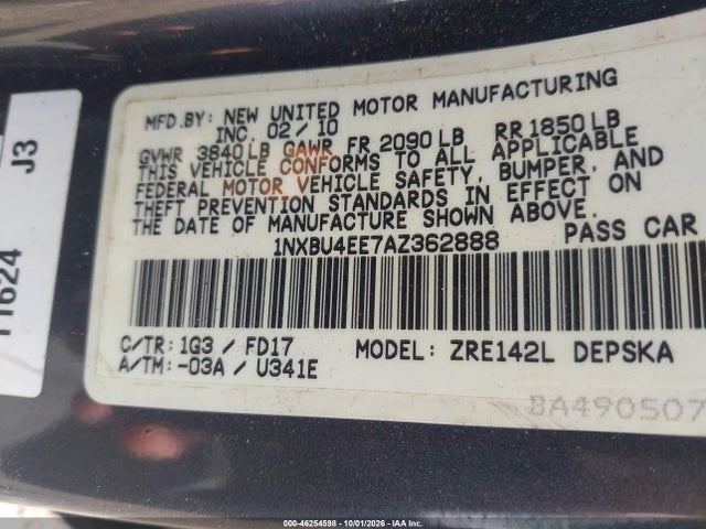 46254598 :رقم المزاد ، 1NXBU4EE7AZ362888 vin ، 2010 Toyota Corolla S مزاد بيع